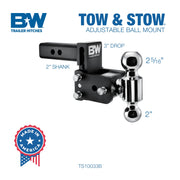 Tow & Stow Adjustable Trailer Hitch Ball Mount - Fits 2" Receiver, Dual Ball (2" x 2-5/16"), 3" Drop, 10,000 GTW - TS10033B