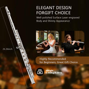 Professional Nickel Plated C Flute for Beginners and All Levels, 16 Key Closed Hole with Ergonomic Design, Includes Carrying Case, Gloves, Cleaning Cloth, Tuning Rod