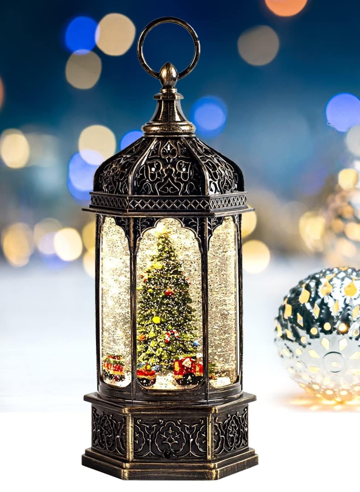 Musical Christmas Tree Snow Globe with Timer, Decorative Trains Rotate with Music, Christmas Ornaments Music Box for Friends, Women, Adults, 12.7''