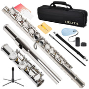 Professional Nickel Plated C Flute for Beginners and All Levels, 16 Key Closed Hole with Ergonomic Design, Includes Carrying Case, Gloves, Cleaning Cloth, Tuning Rod