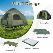 Tent Cot, 5-in-1 Folding Camping Cot with Mattress & Pillows, Sleeping Bags, Sunshade, Camping Tent Elevated with Carrying Bag for Outdoor Hiking, Fishing, Picnic (2-Person)