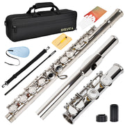 Professional Nickel Plated C Flute for Beginners and All Levels, 16 Key Closed Hole with Ergonomic Design, Includes Carrying Case, Gloves, Cleaning Cloth, Tuning Rod