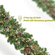 9 FT Prelit Christmas Garland with Pine Cones, Artificial Snowy Pine Garland for Christmas 50 LED Battery Operated Warm Lights and Timer Xmas Garlands Decor Indoor Outdoor
