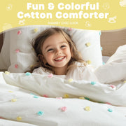 Kids Pom Pom Ivory Queen Cotton Girls Comforter Set,5pc Dorm Full Jacquard Bedding Set, All Season Down Alternative,Cozy Shabby Chic Bedroom Décor, Machine Washable