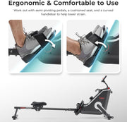 16-Level Magnetic Rowing Machine with Extended Slide Rail, LCD Monitor, Wide Seat, Gray, 300 lb Capacity