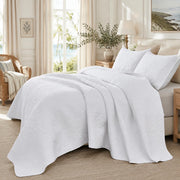 White Botanical Cotton Quilt Set King Floral Stitched Quilts 3PC