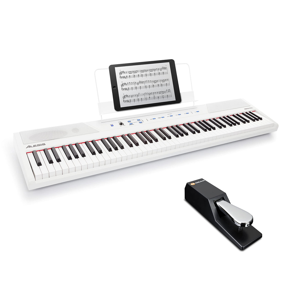Digital Piano Bundle - Electric Keyboard with 88 Semi Weighted Keys, Built-In Speakers and Sustain Pedal – Recital (White) and M-Audio SP-2