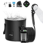 Portable Camping Shower, 6000mAh Rechargeable Shower Pump, Filtered Shower Head & 5 Gallons Foldable Bucket, Outdoor Shower for Hiking Beach, Travel, Pet Bath, Car Washing, Surf & Boat Cleaning