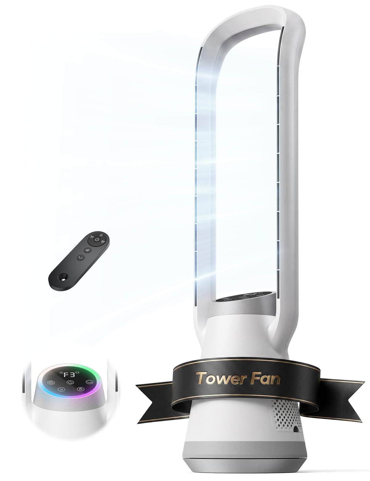 Portable Bladeless Tower Fan, 35.6" Oscillating Fan for Bedroom, 25Ft/s Fan that Blow Cold Air, 12H Timer, 3 Speeds, Remote Control, 180° Max Oscillating, Quiet Fan for Room No Window, White