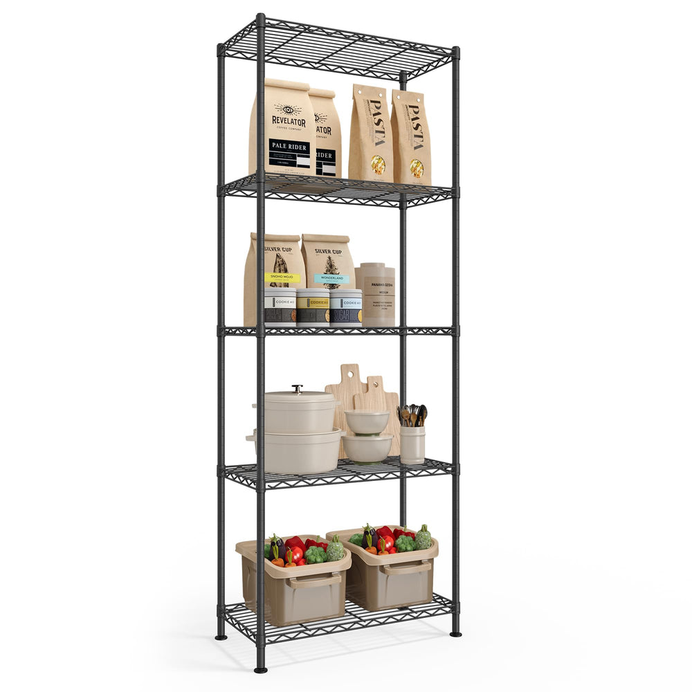 5-Tier Storage Shelves, Adjustable Wire Shelving Unit, 8 Hooks Kitchen Metal Rack, Shelf Liners, for Garage, 11.8 x 23.6 x 63 Inches, Ink Black, DALTEN Collection ULGR165BH01