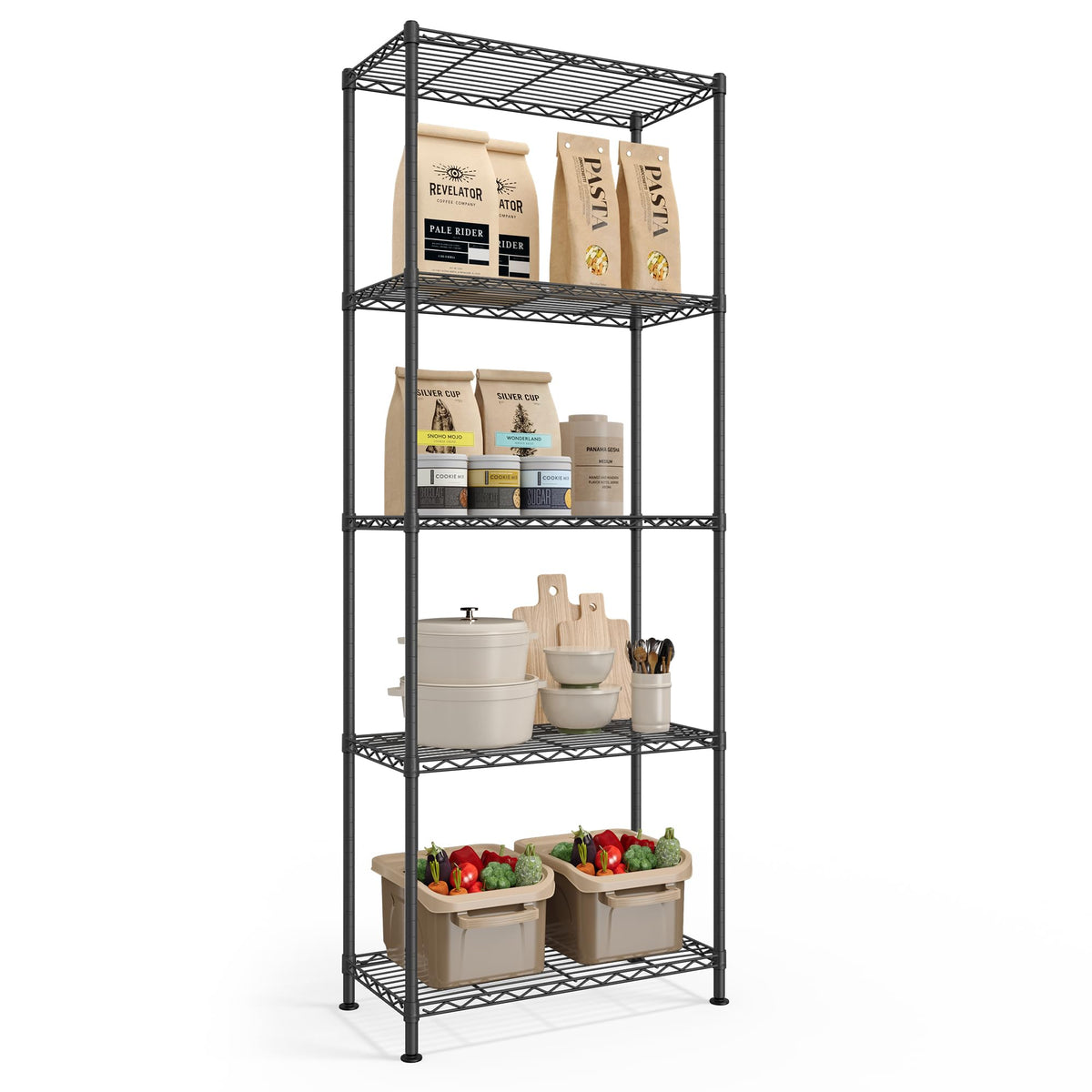 5-Tier Storage Shelves, Adjustable Wire Shelving Unit, 8 Hooks Kitchen Metal Rack, Shelf Liners, for Garage, 11.8 x 23.6 x 63 Inches, Ink Black, DALTEN Collection ULGR165BH01