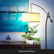 Grayson LED Floor Lamp, Modern Arc Lamp with Linen Shade for Office & Living Room, Tall, Height Adjustable Industrial Standing Lamp for Bedroom Reading, Over The Sofa - Bronze