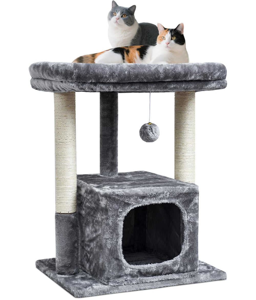 27IN Cat Tree for Indoor Cats Large Adult, Modern Activity Tower Scratching Posts, Condo with Plush Perch, Climbing Stand with Spring Ball for Play, Grey