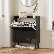 Farmhouse Shoe Storage Cabinet with Flip Drawers & Barn Door Design Slim Narrow Shoe Rack Cabinet with Adjustable Shelves & Hidden Storage for Entryway, Foyer, Hallway, Living Room, Black