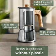 Stainless Steel Moka Pot (10oz) - Toxic Free Moka Pot with Oak Wood Handle - Stovetop Espresso Maker - Italian Coffee Maker for Stovetop and Induction