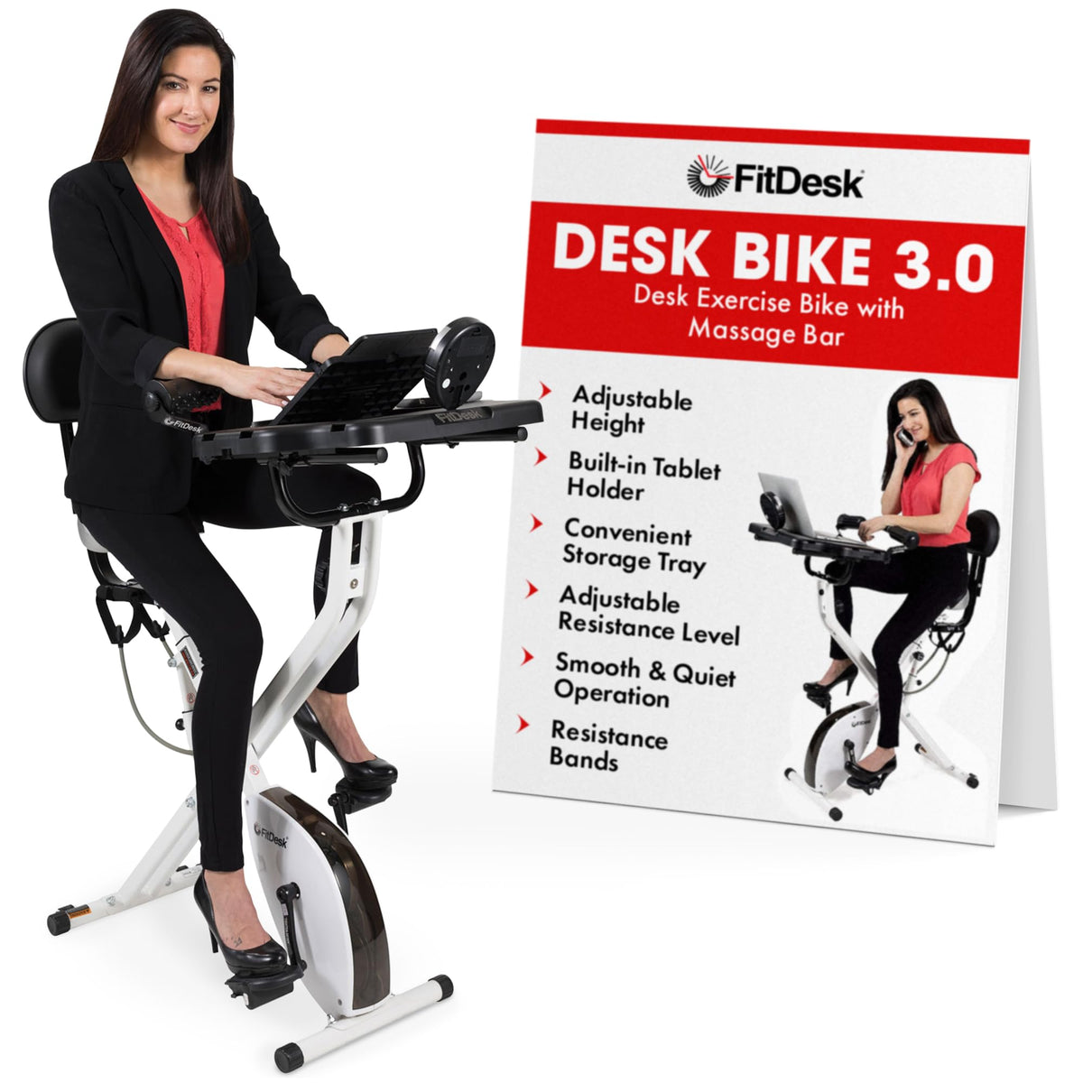 Standing Exercise Bike Desk 3.0, Adjustable Height Indoor Cycling Trainer with Laptop Tray, Portable Stationary Fitness Desk for Home Office, Foldable Exercise Workstation, Supports 300 lbs