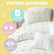Kids Pom Pom Ivory Queen Cotton Girls Comforter Set,5pc Dorm Full Jacquard Bedding Set, All Season Down Alternative,Cozy Shabby Chic Bedroom Décor, Machine Washable