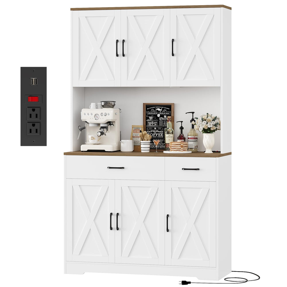 71"H Kitchen Pantry Storage Cabinet, Farmhouse Hutch Cabinet, White Space-Saving Pantry Cabinet with Charging Station & 2 Large Drawers & Adjustable Shelves, Tall Kitchen Hutch, Dining Room