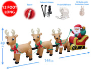 12 FT Long Lighted Christmas Inflatable Santa on Sleigh with 3 Reindeers Lighted Inflatable, Holiday Yard Decoration, Weather-Resistant Blow-Up