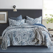 Cotton Bedspread Quilt Sets, 3 Pieces Reversible Comforter Coverlet Sets,Blue Floral Paisley Bedspread,King Size