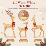 3D 4.6FT Christmas Reindeer Family Set, 210 LEDs - Gold Plug-in 3D gold Christmas deer 3pcs with 210 warm white LEDs for christmas decorations outdoor yard