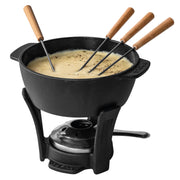 Cast Iron Fondue Set Party Pro - Fondue Pot with Burner & 4 Forks 1.16 Quarts cast iron fondue set for induction, gas, electric, ceramic, oven; includes burner and 4 beech wood-handled forks