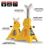 W41023 6 Ton Ratchet Jack Stands, Yellow, Pair Heavy duty steel. Lift range: 15-1/2 to 23-1/2 in. Large saddle contact area. Weather-resistant finish