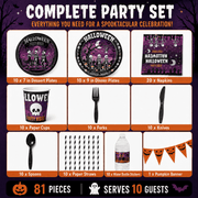 Purple and Black Halloween Party Supplies Set, Serves 10, Skeleton Plates, Napkins, Cups and Cutlery for Home and Classroom Events, 101PCS