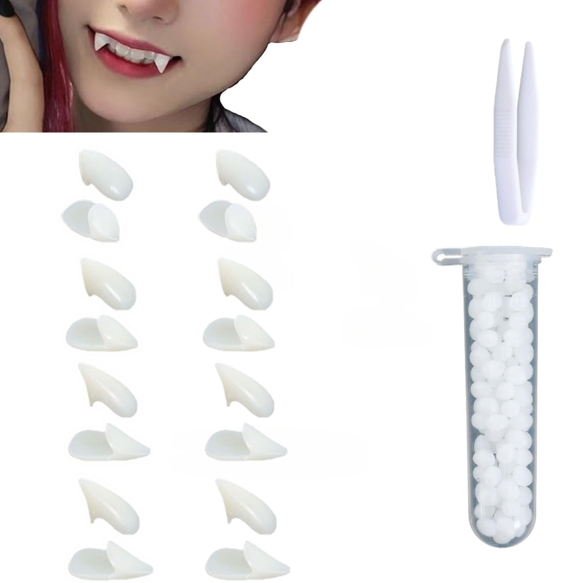 8 Pairs Vampire Teeth for Cosplay, 13/15/17/19mm Fake Fangs with 1 Tube Solid Adhesive for Halloween Props, Anime Party Dress Up Costume Masquerade Accessory Gift for Christmas Party