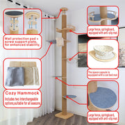Floor to Ceiling Cat Tree Height (50-120.5in) Adjustable Cat Tower 5 Tier Hemp Scratching Post High Cat Tree Sturdy Activity Tree Indoor Outdoor Cat Scratching Post Activity Center