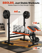 880-1980LBS ASTM-Certified All in One Weight Bench Set Home Strength Bench Press with Rack and Leg Extension/Curl Fits 5-7ft Bars for Strater to Advanced(US Stock)