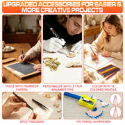 203PCS Wood Burning Kit, 100W Digital Wood Burner Tool with Adjustable Temperature, Pyrography Pen Set with 54 Tips, Letter Number Stamps, 10 Stencils, Transfer Papers, Carving Tools & Case