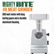 Products MightyBite #8 Meat Grinder, 500 Watt Aluminum Electric Meat Grinder for Home Use, Compact Food Processor for Grinding, Sausage Stuffing, Cooking