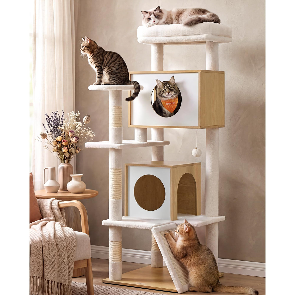 Cat Tree, 5-Tier Cat Tower with 2 Condos, 55.1 in Cat Furniture, 17.7 x 19.7 x 55.1 in, Washable Perch, Oak Beige and Cloud White, CAEN Collection, UPCT303Y101
