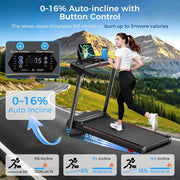 Treadmill with 0-16% Auto Incline, 0.6-7.5MPH Walking Pad Treadmills for Home, 3.0 HP Low Noise Foldable Treadmill with Handle Bar and LED Display, Walking Running Machine, 350LBS Capacity