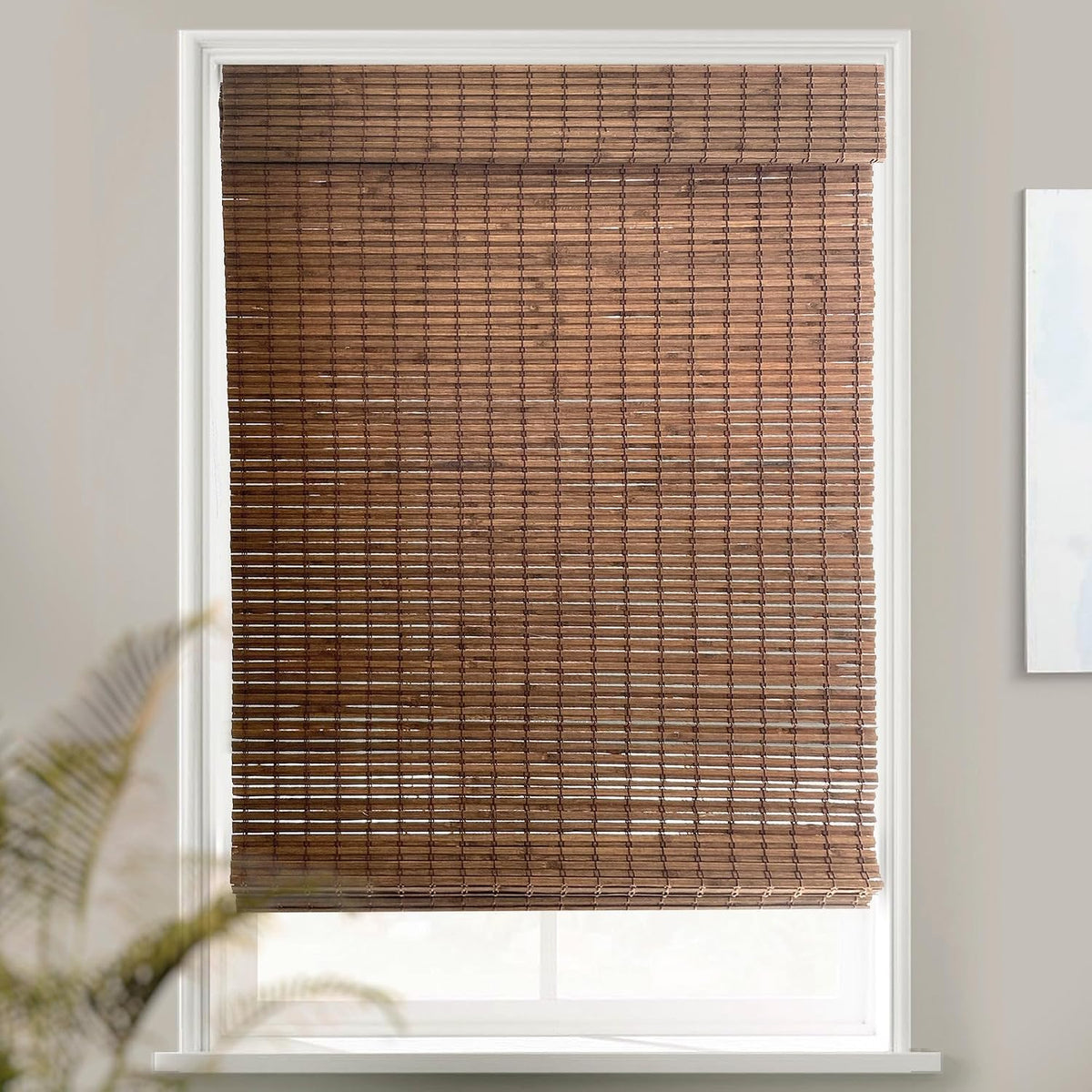 Custom Bamboo Shades | Rustic | Cordless Bamboo Roman Shades for Windows and Doors (Natural Woven) | Rustic Walnut (Great Privacy) | 64" W X 60" H