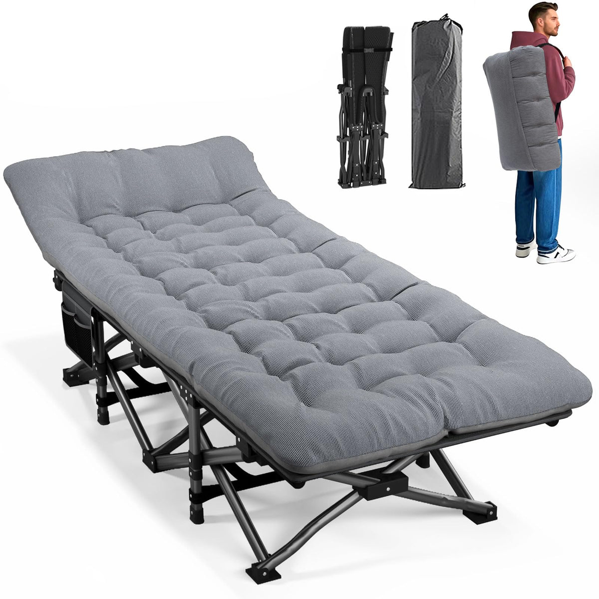 Camping Cot for Adults with Comfortable Cushion, Folding Bed 450LBS Heavy Duty; Foldable Padded Cushion for Compact Storage; Carry Bag Included; Portable Cot for Outdoor Use