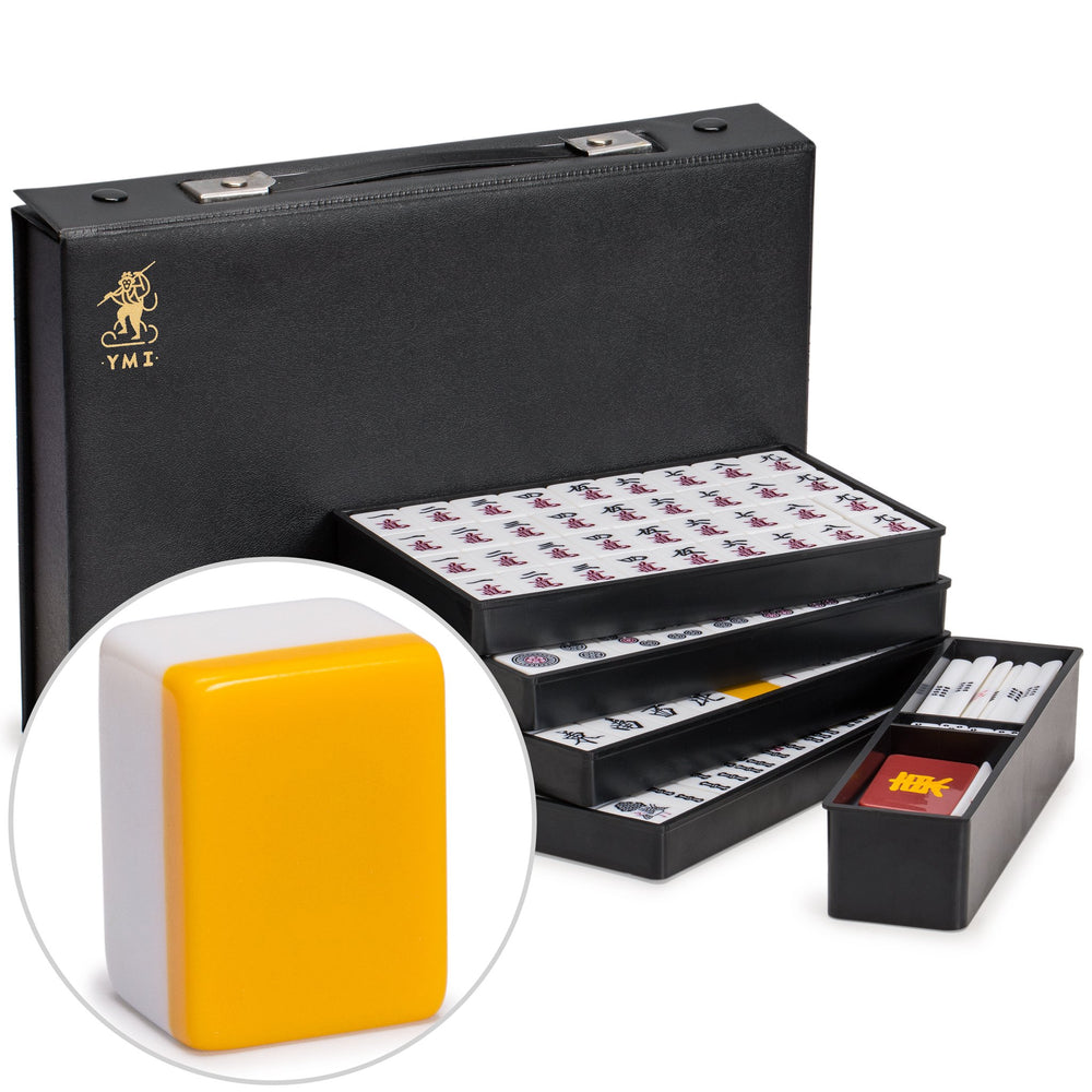 YMI Japanese Riichi Mahjong Set, White & Yellow Tiles Japanese Riichi Mahjong set, 144 white/yellow tiles, 4 trays, dice, scoring sticks, east wind tile, vinyl case, 5.5 lbs