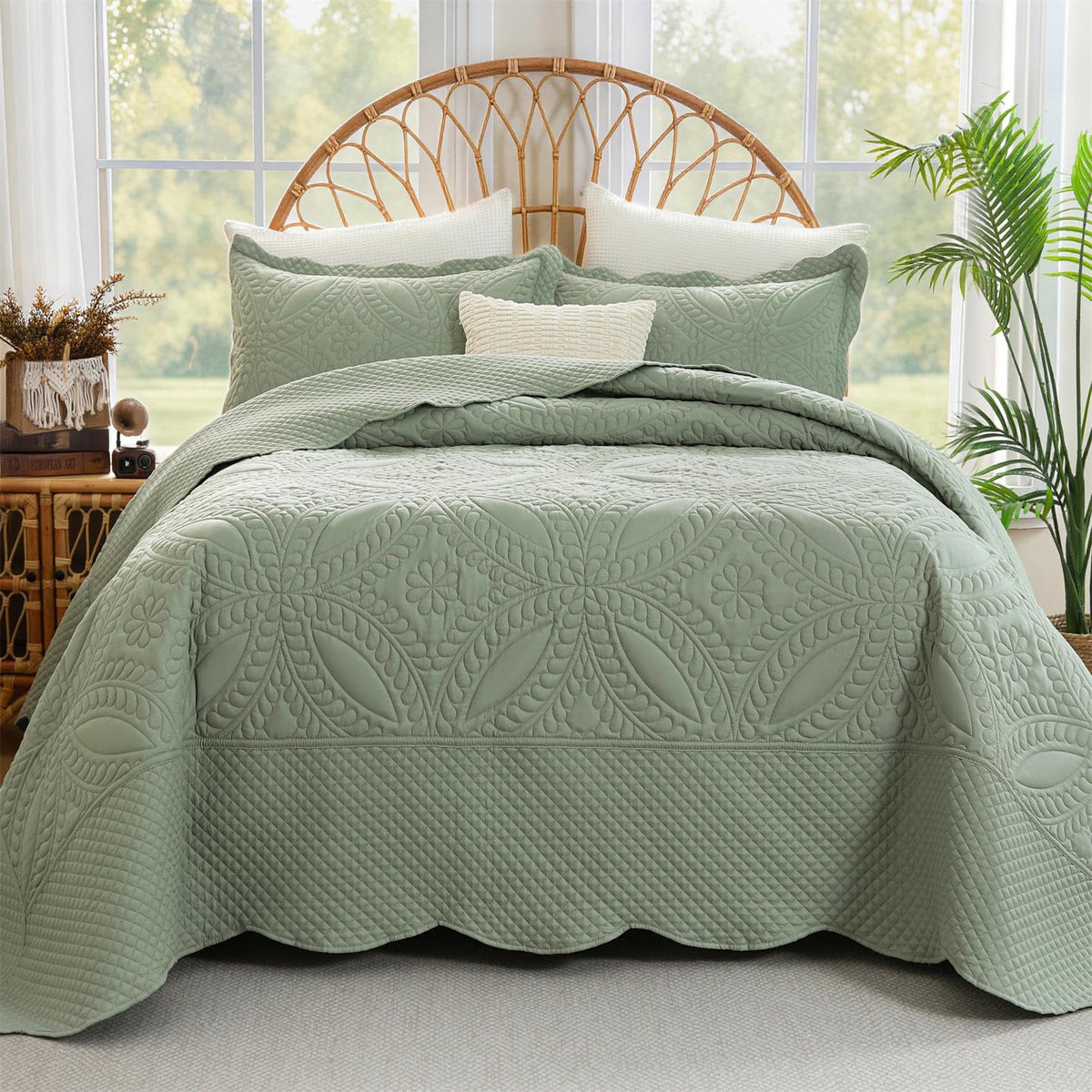 Oversize King Bedspread 120"x120",3 Piece California King Quilt,Lightweight Green Quilt Set for All Season,Modern Coin Pattern Bedding Set