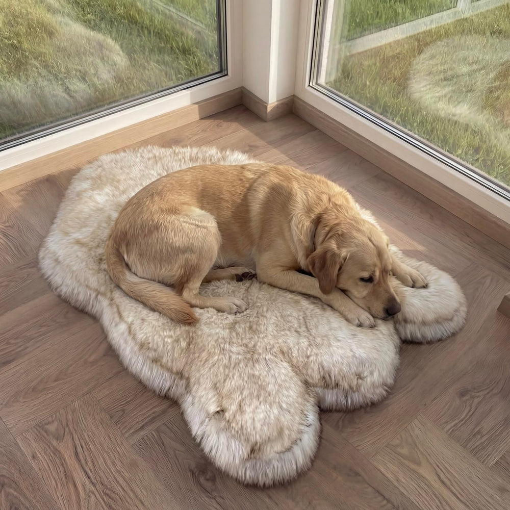 Faux Fur Orthopedic Dog Bed, Memory Foam, White w/Brown Tips 50"x30" Plush Dog Rug for Large & XL Dogs, Waterproof Washable Cover, Non-Slip Bottom, Senior Joint Support