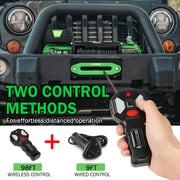 Winch 9500lb Electric Winch 12V Winch with Synthetic Rope Car Trailer Winch with Green Hawse Fairlead Wireless Remote and Wired Handle for Truck SUV