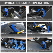 Low Profile Hydraulic Trolley Service/Floor Jack Combo with 2 Ratchet Jack Stands, 2 Ton (4000 lbs) Capacity, Blue, PM-TOL-FJ3P-BL