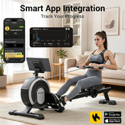 16-Level Magnetic Rowing Machine with Extended Slide Rail, Advanced LCD Monitor, Wide Seat, Gray, 250 lb Capacity