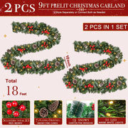2 PCS Prelit Christmas Garland with 100 Lights Total 18 Ft Christmas Decor Timer Battery Operated Thick 177 Snowy Tips Red Berry Pinecones Xmas Cedar Garland for Mantle Door Home Indoor Outdoor Decor