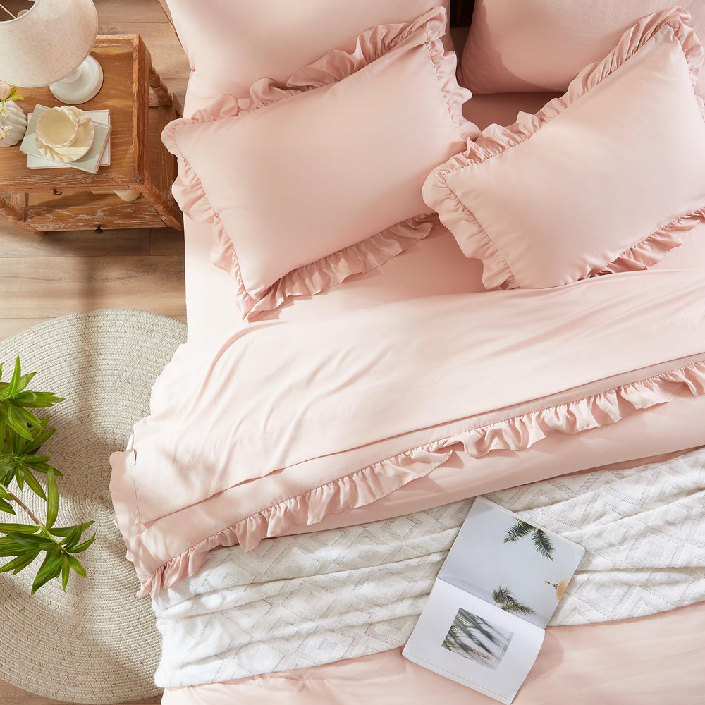 Full Size Comforter Sets 7 Piece,Ruffle Bed in a Bag Bedding Sets Blush Pink Vintage, Shabby Chic, OEKO-TEX Certified, All Season Down Alternative Comforter, Breathable sheets & pillowcases