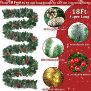Remote Control&Super Long&8 Modes-18Ft Prelit Snowy Bristle Pine Christmas Garland for Stairs Door Porch Mantle Outdoor Indoor,100 Warm White&Color Switch Lights,Timer,352 Branches 50 Berry Pinecone