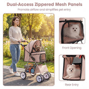 Foldable Pet Stroller for Small Dogs & Cats, Lightweight Dog Stroller with Lockable Wheels, One-Hand Quick Fold, Adjustable Canopy, Safety Leash & Storage Basket, Pet Travel Stroller, Beige