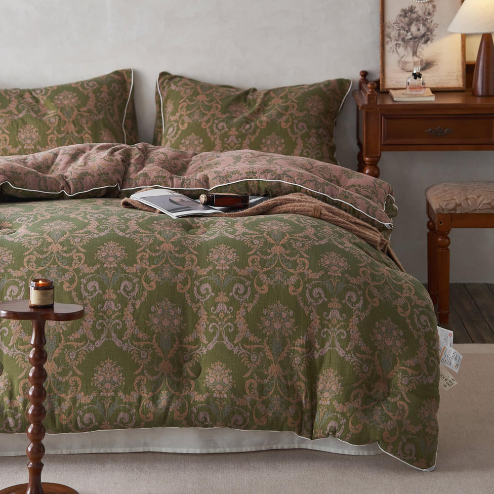 Muslin Cotton Vintage Olive Green Floral Comforter Set King Size 3pcs Yarn Dyed Jacquard Weave Paisley Pattern Bedding Comforter Soft Breathable Bedding Sets for All Season-King Size