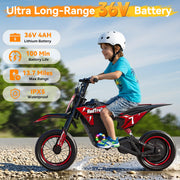 36V Electric Dirt Bike for Kids Ages 4-10, 700W Peak 15.5MPH, 3-Speed Modes