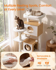 Cat Tree, 5-Tier Cat Tower with 2 Condos, 55.1 in Cat Furniture, 17.7 x 19.7 x 55.1 in, Washable Perch, Oak Beige and Cloud White, CAEN Collection, UPCT303Y101